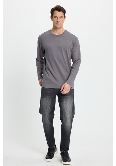 Tudors Unisex Relax Fit Rahat Kesim %100 Pamuk Uzun Kollu Bisiklet Yaka Koyu Gri Basic Tişört-41799 Koyu Gri