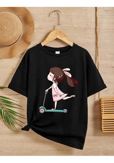 Barlashive Kız Çocuk Bisiklet Yaka Baskılı T-shirt - Siyah Çok Renkli