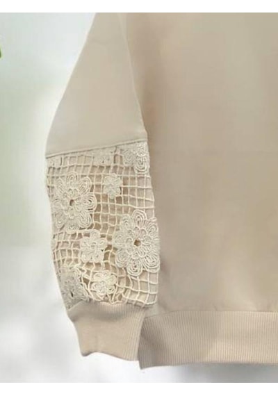 Kız Çocuk Pamuklu İki İplik Kolları Güpür Yuvarlak Yaka Sweatshirt-14464 Bej