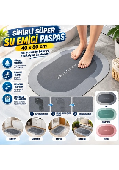 Ers Sihirli Süper Su Emici Kaymaz Tabanlı Oval Paspas 40 60 Cm