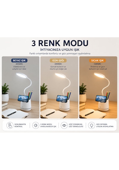 Şarjlı Led Masa Lambası Dokunmatik 3 Modlu Telefon Tutuculu Kalemlik Organizerli Esnek Gövdeli Çalışma Lambası Beyaz