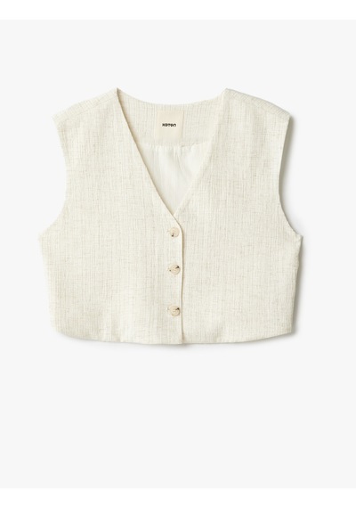 Koton Viskon Keten Karışımlı Düğmeli Crop Blazer Yelek Bej 5sak20031pw Ekru