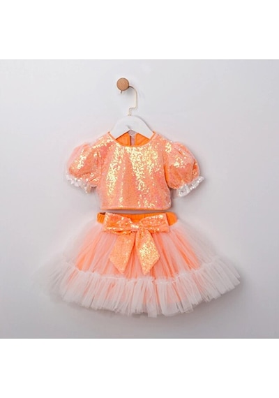 Ministok Mirella Payetli Crop Ve Tütü Etekli İkili Kız Çocuk Takım Neon Oranj