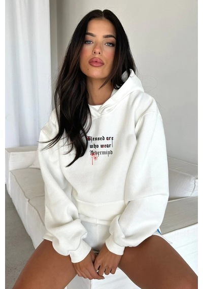 Unisex Oversize Hoodie - Blessed Tasarım Sweatshirt Beyaz