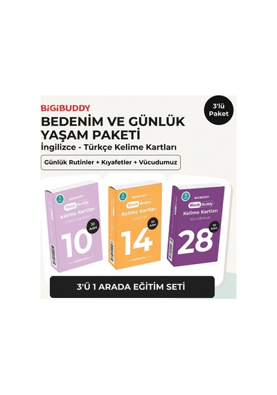 Bigibuddy WordsBuddy Türkçe İngilizce Kelime Kartları Bedenim ve Günlük Yaşam 90 Kart 3’lü Set (BigiOne Cihaz Hariç)