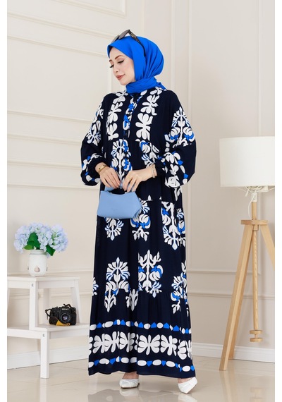 Sevitli Yarım Düğmeli Robalı Belinay Elbise-lacivert-5095