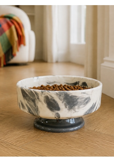 Mama Kabı Kedi Ve Köpek 1 Adet Doğal Mama Veya Su Kabı Gri Marble