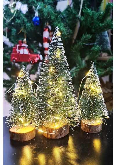 Hoşgeldin Yeni Yıl 3 Lü Mini Noel Çam Ağacı Kar Efektli Led Işıklı Çam Ağaçları Seti 15 11 10 Cm 23 CM
