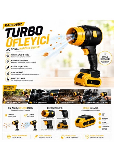 48v Şarjlı Turbo Hava Üfleyici Fan Kablosuz Güç Maksimum Performans Güçlü Yaprak Üfleme & Araç Temizleme