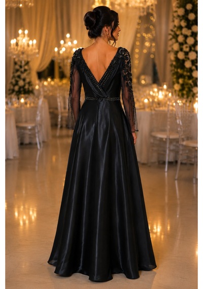 Gül&can Butik Antrasit Saten İşlemeli Abiye Elbise Gri