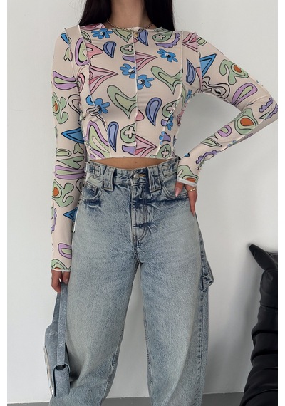 Femelle Kadın Desenli Crop Bluz Krem