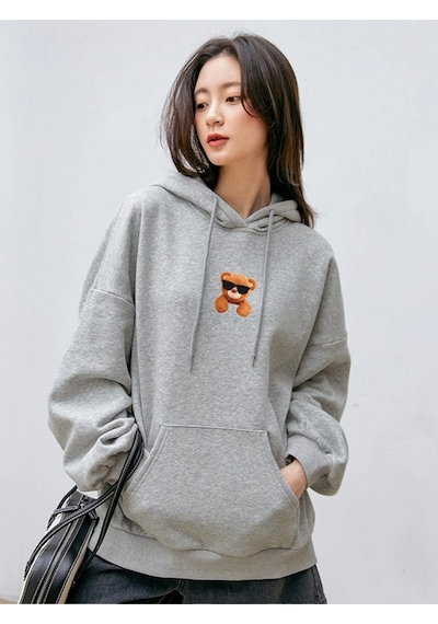 Unisex Oversize Ayıcık Baskılı Kapüşonlu Sweatshirt Gri