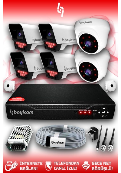 Bayicam 6 Kameralı Süper 2 İç Kamera Set HDD'siz 5 MP 2K Net Gece Görüşlü Güvenlik Kamerası Sistemi