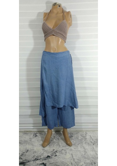 Bohem Stil İtalyan Ham Keten Pantolon Etek-8747 Mavi