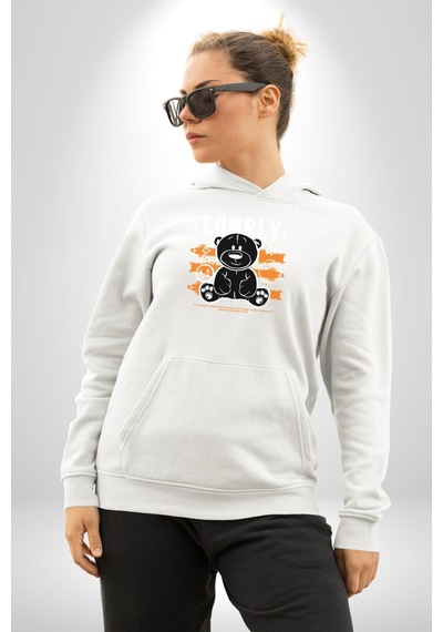 Yalnız Kadın Erkek Beyaz Kapüşonlu Sweatshirt Hoodie Beyaz
