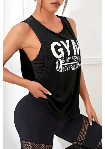 Ghassy Co. Kadın Gym Baskılı Nefes Alabilen Fitness Yoga Koşu Kolsuz Spor Atlet Siyah