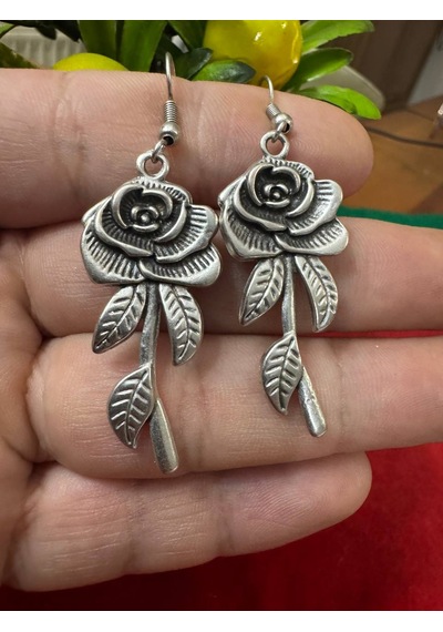 Vintage Rose Leaf Gül & Yaprak Figürlü Eskitme Gümüş Renk Sallantılı Küpe Çok Renkli