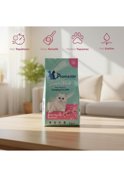 Süper Beyaz Doğal Bentonit Topaklanan Kedi Kumu Bebek Pudrası Kokulu 5 Lt