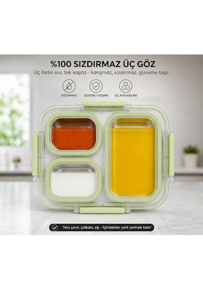 Muzeko Diyet, Beslenme Kabı Mzk4003 Sızdırmaz Kapaklı Metal 3 Bölmeli Lunch Box Beslenme 800ml 304çelik Açık Yeşil