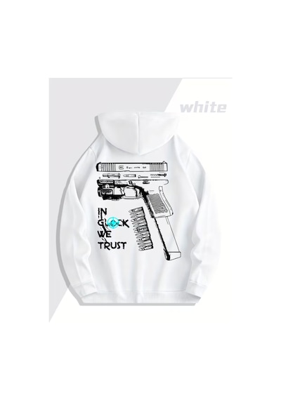 Nevermind Glock Grafik Baskılı Beyaz Hoodie Sokak Modası Unisex Kapüşonlu