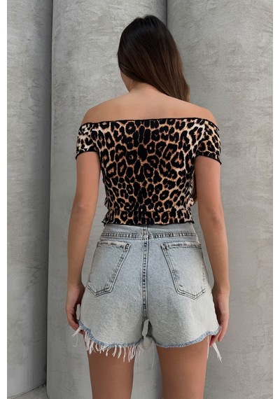 Lesa Wear Leopar Desenli Soft Touch Kayıkçı Yaka Basic Crop Bluz LEOPAR