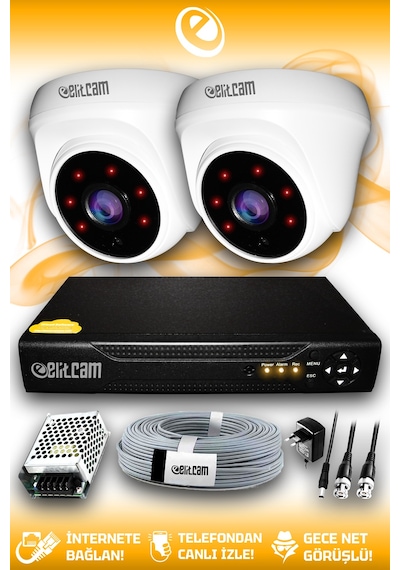 Elitcam 2 Kameralı Dome 2 İç Kamera Set HDD'siz Full HD Gece Görüşlü Güvenlik Kamerası Sistemi