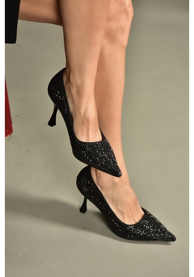Fox Shoes V820772109 Siyah İnci İşlemeleri İnce Topuklu Abiye Ayakkabı Siyah