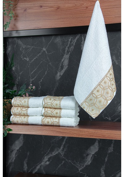 Dantelli Güpürlü Lüks %100 Pamuk Çeyizlik 6 Lı El Yüz Havlu Seti 40x70 - Sarı - 4400 Sarı