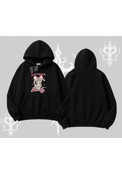 Serene Beauty Kedi Baskılı Kapşonlu Sweatshirt Siyah