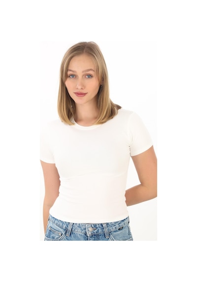 Crop Slim Fit Pamuk Likra Tişört-ekru Ekru