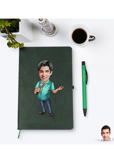 Kişiye Özel Erkek Şarkıcı Karikatürlü Yeşil Termo Deri Defter Kal