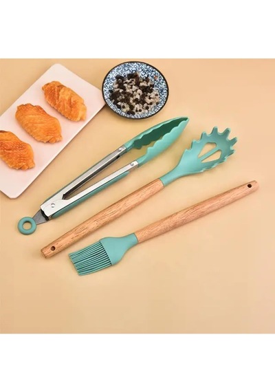 12 Parça Bambu Saplı Silikon Kepçe Spatula Mutfak Seti, Gümüş