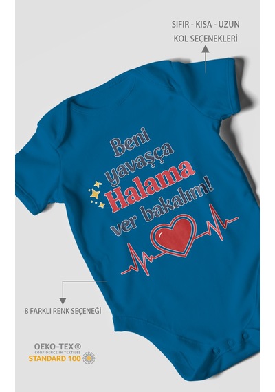 Morivokids Beni Yavaşça Halama Ver Bakalım Kısa Kollu Bebek Body %100 Pamuk Koyu Mavi