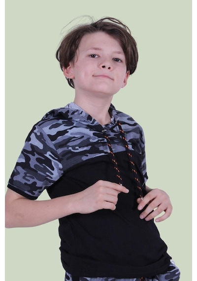 Panios Kids Kapşonlu Kamuflaj Desen Erkek Çocuk T-shirt Gri