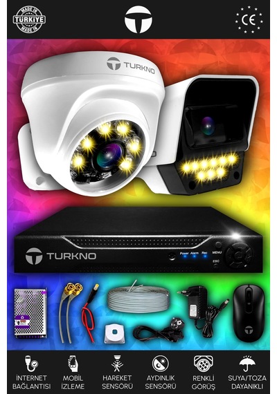 Turkno 2 Kameralı Supia 1 İç Kamera Set HDD'siz 5 MP 2K Net Renkli Gece Görüşlü Güvenlik Kamerası Sistemi