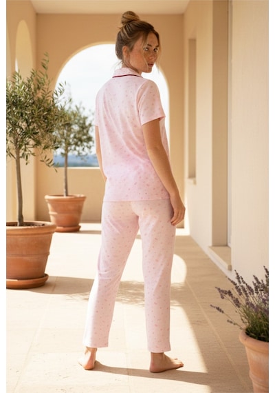 Siyah İnci Düğmeli Biyeli Viskon Örme Pijama Takım 26120762 Pembe
