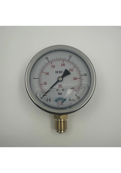 Q 100 - 0 - 25 Bar 1/2 Gliserinli Alttan Çıkışlı Manometre