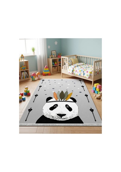 Bambu Sevimli Panda Çocuk Odası Halısı Dokuma Taban Dijital Baskı Gri