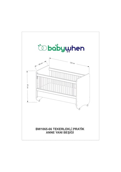 Bw1066 - Pratik Kademeli Anne Yanı Tekerlekli Beşik Ahşap 60x120 Ahşap