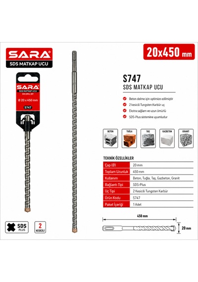Sara S747 Sds Plus Matkap Ucu 20 X 450 Mm, 2 Kesicili Tungsten Karbür Uçlu