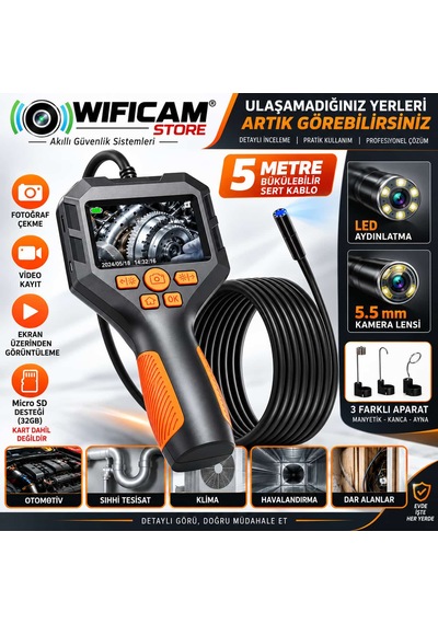 5 Metre El Tipi Ekranlı Yılan Kamera 5.5mm Lens Sert Kablo