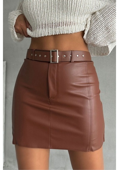 Verymoda Deri Kemerli Etek - F1840 Taba