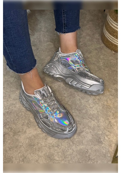 Günlük Kadın Sneaker Kalın Yüksek Taban Bağcıklı Rahat Tiger Şeritli Spor Ayakkabı 032 13 - Gümüş Holo Günlük Kadın Sneaker Kalın Yüksek Taban Bağcıklı Rahat Tiger Şeritli Spor Ayakkabı 032 13 - Gümüş Holo
