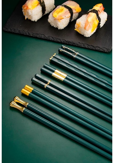Valkyrie 5 Çift Yemek Çubuğu Seti 24,3 Cm Japon Kore Sushi Chopsticks Lüks Altın Detaylı Yeşil