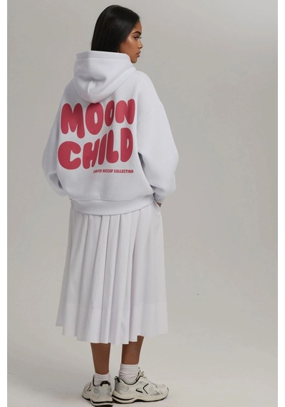Hiccup Oversize Baskılı Kapüşonlu Sweatshirt Tozlu Beyaz