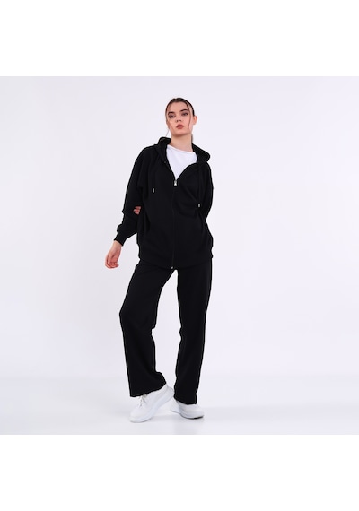 Mmetalic Kadın Antrasit Normal Kalıp Basic Beli Lastikli Kapüşonlu Oversize Mevsimlik Alt Üst Eşofman Takımı