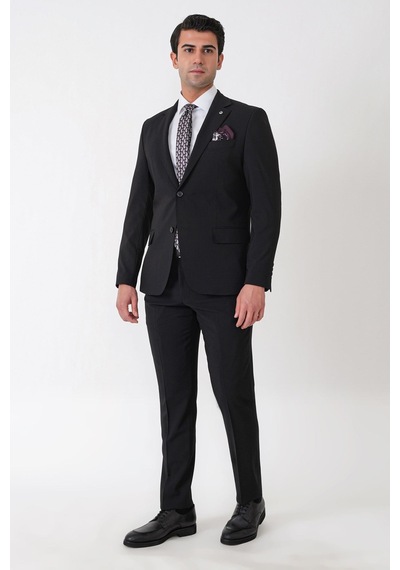 Efor Slim Fit Esnek %97 Yünlü Düz Siyah Takım Elbise Tk 957