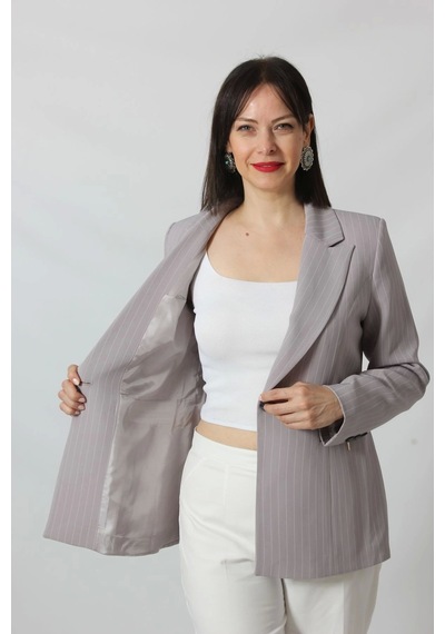 Moda Berray 1906 Gri Çizgili Fermuarlı Cep Aksesuarlı Kadın Büyük Beden Blazer Ceket Gri