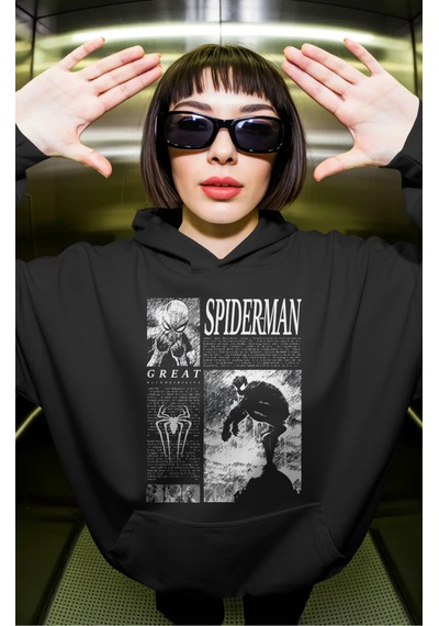 Sevbano Spider-man Örümcek Adam Film Kahramanı Ön Baskılı Unisex Oversize Siyah