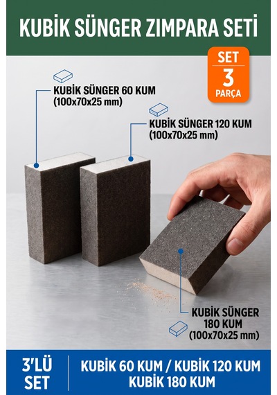 Sünger Zımpara Seti 60-120-180 Kum Kubik Blok 3'lü Paket 100x70x25 Mm El Takozu